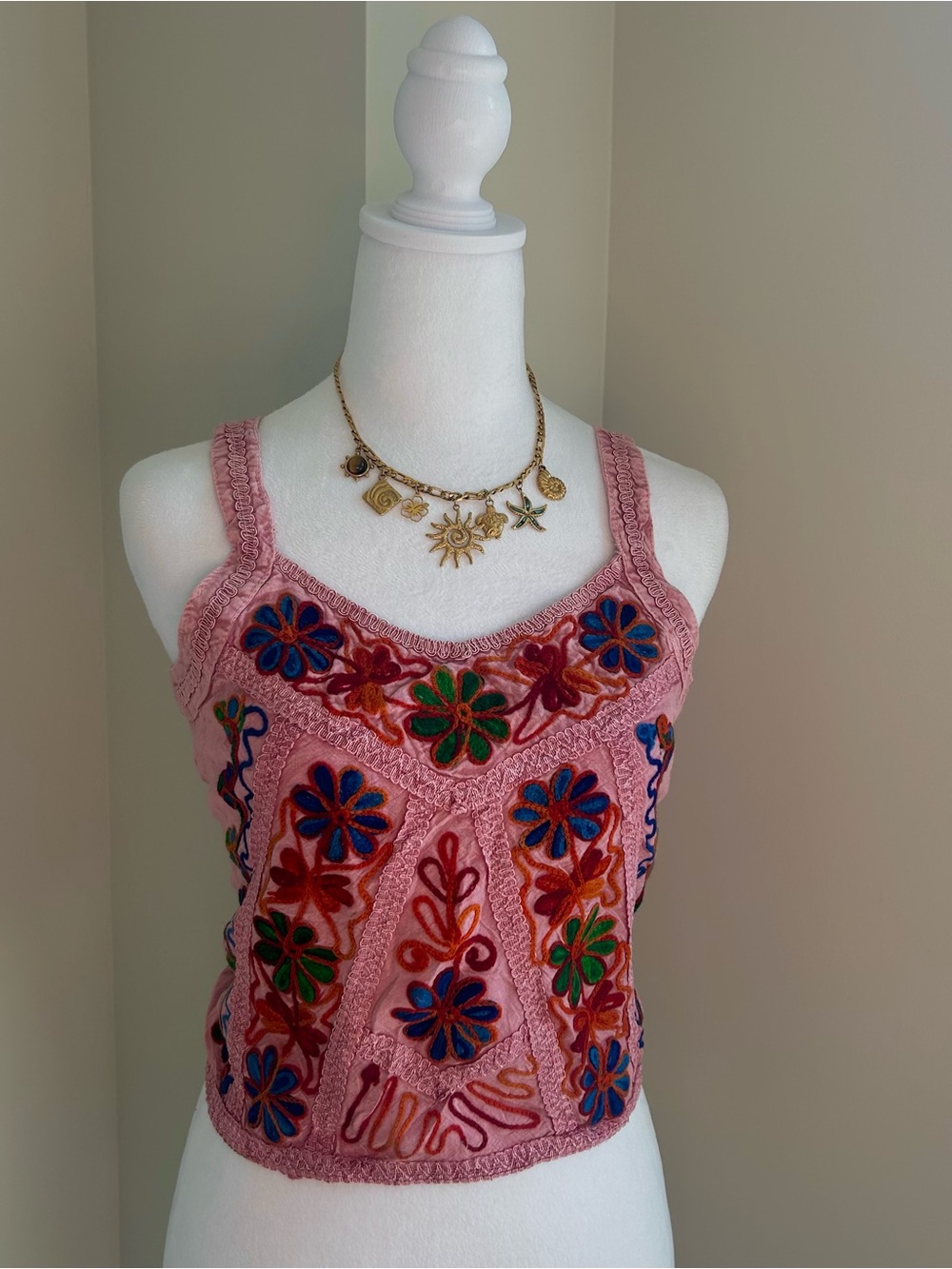1990's Pink Boho Embroidered Floral Tie Back Top